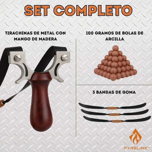 Tirachinas Profesional de Madera - Set Completo con 3 Bandas de Goma y 100Gr de Bolas de Arcilla